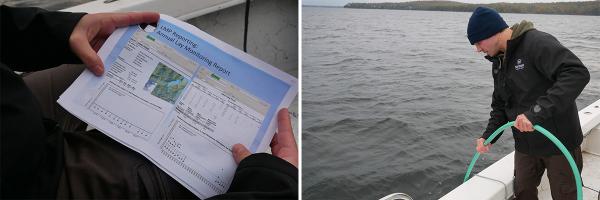 Lake Monitoring Coordinator Mark Mitchell manages volunteer monitors who collect water quality data on Lake Champlain for a yearly report. Photos: Michael Frett, The Islander Mark Mitchell pulls rope over side of boat on lake and a paper showing annual lake monitoring report and graph